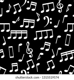 Musical Notes, White on Black, Seamless Pattern Background Vector Illustration