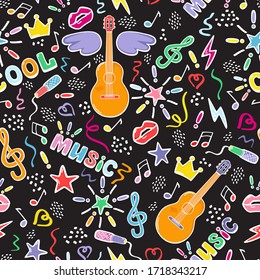 Musical objects and festival holiday signs. Vector seamless bright pattern in cartoon style.