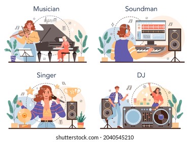 Musical occupation set. Musician, sound designer, dj and singer. Young performer making music with professional equipment. Collection of hobbies and modern professions. Isolated vector illustration