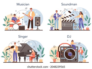 Musikalischer Beruf. Musiker, Sounddesigner, DJ und Sänger. Junge Künstler, die Musik mit professioneller Ausrüstung machen. Sammlung von Hobbys und modernen Berufen. Einzelne Vektorgrafik