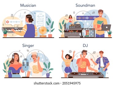 Ocupación musical. Músico, diseñador de sonido, DJ y cantante. Joven artista haciendo música con equipo profesional. Colección de pasatiempos y profesiones modernas. Ilustración vectorial aislada