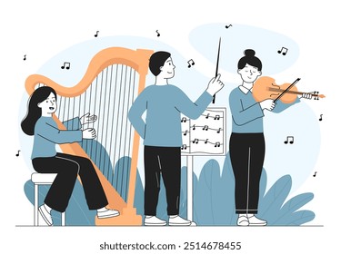 Orquestra musical com maestro. Homem e mulher com harpa e violino. Músicos se apresentando no local. Concerto e performance. Ilustração de vetor linear isolada no plano de fundo branco