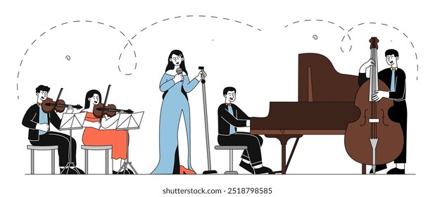 Orquesta musical actuando. Hombres y mujeres con instrumentos musicales actúan en el escenario. Violonchelo, piano, bajo y cantante. Concierto de música Clásica. Ilustración vectorial lineal aislada sobre fondo blanco