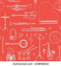 Musical orchestra white outline seamless pattern. Drumset, record, french horn line art texture. Contour keyboard, woodwind instruments on red background. Jazz concert textile design