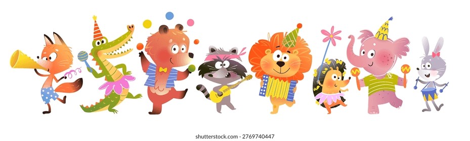 Musical party dancing animals Fox, Crocodile, Bear, Raccoon, Lion, Elephant. Funny dressed baby animals play music for children. Vector cartoon celebration characters illustration collection for kids