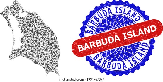 Musical Pattern for Barbuda Island Map and Bicolor Distress Stamp Badge