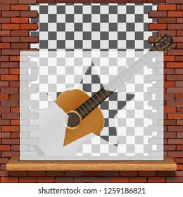 Musical pattern brick wall acoustic guitar and white frame with blank background.