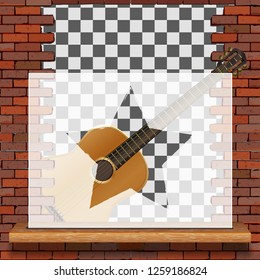 Musical pattern brick wall acoustic guitar and white frame with blank background.