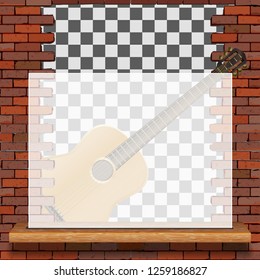 Musical pattern brick wall acoustic guitar and white frame with blank background.