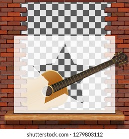 Musical pattern brick wall acoustic guitar and white frame with blank background.