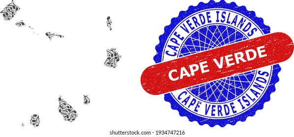 Musical Pattern for Cape Verde Islands Map and Bicolor Grunge Stamp
