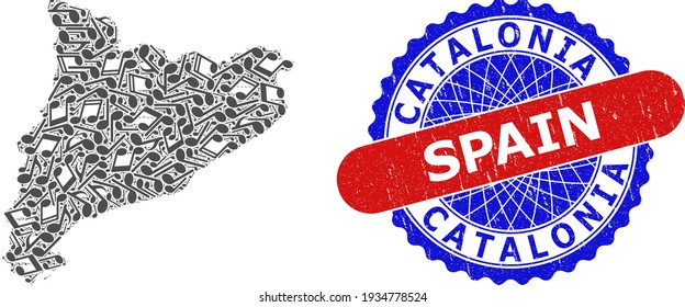 Musical Pattern for Catalonia Map and Bicolor Grunge Rubber Stamp