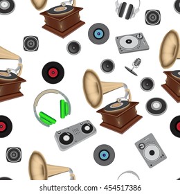 Musical pattern, gramophone, plate, headphones, speakers.