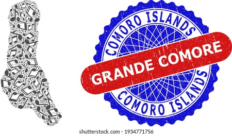 Musical Pattern for Grande Comore Island Map and Bicolor Distress Seal