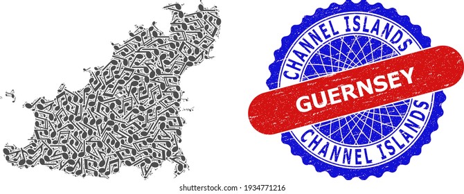 Patrón musical para el mapa de la isla de Guernsey y el sello texturizado de color