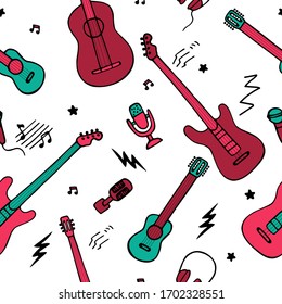 Musical pattern. Hand-drawn musical instruments icons. Seamless texture for wallpaper or fabric. Vector