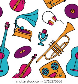 Musical pattern. Hand-drawn musical instruments icons. Bright seamless texture for wallpaper or fabric. Vector