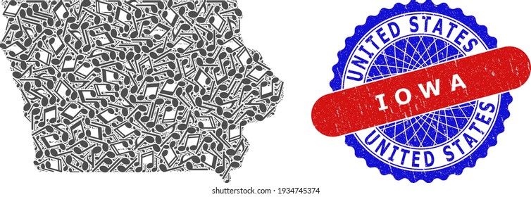 Musikalisches Muster für Iowa State Map und Bicolor Distress Stamp