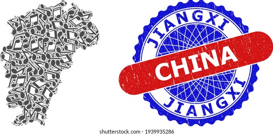 Musical Pattern for Jiangxi Province Map and Bicolor Grunge Rubber Stamp