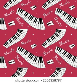 Musical pattern with piano keys. Seamless pattern with piano keys on pink background. Piano keys endless pattern. Printing pattern for textiles, wrapping paper, etc.