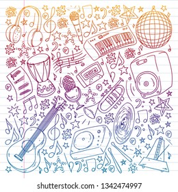 Musical pattern for posters, banners. Music festival, karaoke, disco, rock.