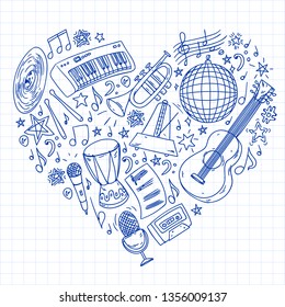 Musical pattern for posters, banners. Music festival, karaoke, disco, rock.