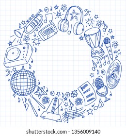 Musical pattern for posters, banners. Music festival, karaoke, disco, rock.