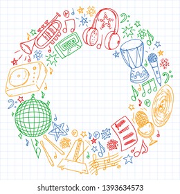 Musical pattern for posters, banners. Music festival, karaoke, disco, rock.
