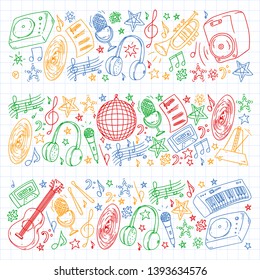 Musical pattern for posters, banners. Music festival, karaoke, disco, rock.