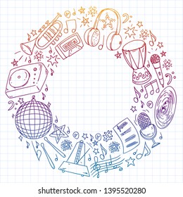 Musical pattern for posters, banners. Music festival, karaoke, disco, rock.