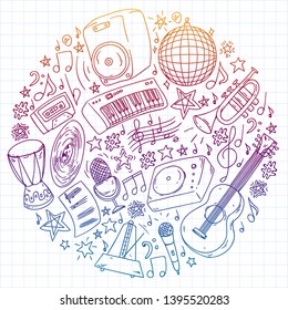 Musical pattern for posters, banners. Music festival, karaoke, disco, rock.