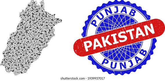 Musical Pattern for Punjab Province Map and Bicolor Distress Stamp