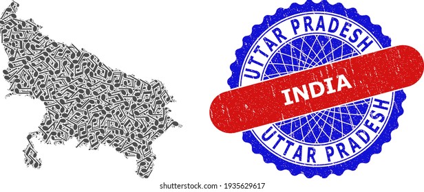 Musical Pattern for Uttar Pradesh State Map and Bicolor Distress Seal