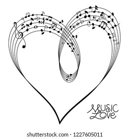 Musical Pentagram bended to create a Heart Shape on white Background, vector illustration svg