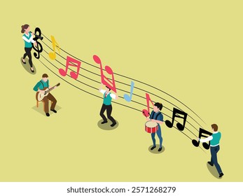 Musical Performance with Band Members and Flowing Music Notes 3d isometric vector illustration