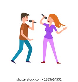 Musical performance by couple of singers pair vector. Sound music, man and woman singing together entertaining. People vocalists duo artist concert