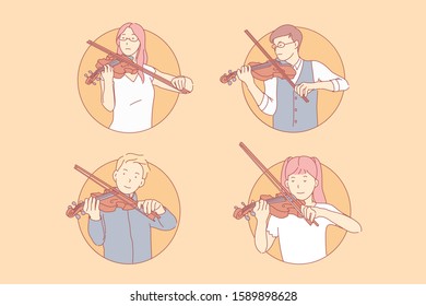 Musical performance, classical concert concept. Virtuosos, talented kids, young violinists, children with fiddles, male and female teenagers with violins and fiddlesticks. Simple flat vector