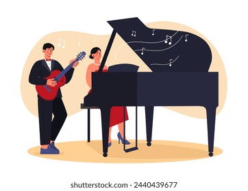 Musical performance concept. Man with guitar and woman with piano. Talented artists performing at scene. Guitarist and pianist with jazz music at stage. Cartoon flat vector illustration