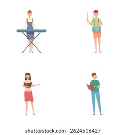 Musical performance icons set cartoon vector. People playing musical instrument. Performance, rehearsal