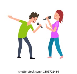 Musical performance, singers man and woman singing vector. Isolated people performing concert, music entertainment, male and female with microphone