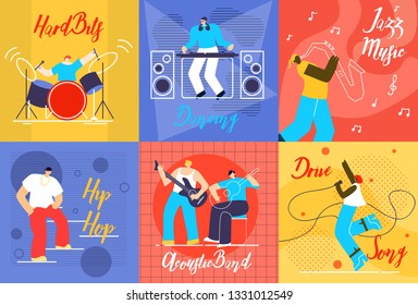 Musical Performances Flat Vector Concepts Set. Drummer Playing on Drums, Dancing DJ, Jazz Musician with Saxophone, Hip Hop Singer, Guitar Players and Vocalist Woman Singing on Stage Illustrations