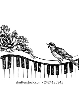 Musical piano or synthesizer keys decorated with roses with a nightingale, graphic vector black and white illustration. For the design of posters, flyers and invitation cards. For banner and postcard