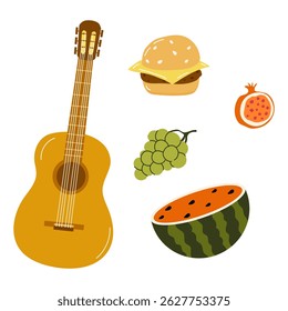 Musical picnic setup with a guitar, snacks, and refreshing fruits on a sunny day