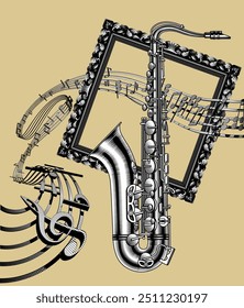 Musical placard with notes on winding lines, a saxophone and a classic square picture frame in black and white vintage engraving style. Vector illustration 