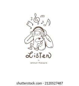Musical postcard with cute creature in headphones. Funny monster music lover poster. Cartoon doodle print.