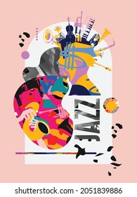 Musical poster design with musical instruments, live concert events, jazz music festivals and shows, party flyer. Musical promotional cover, colorful vector illustration, musical brochure, card