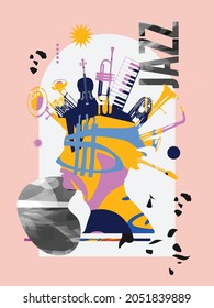 Musikalisches Plakatdesign mit Musikinstrumenten, Live-Konzertveranstaltungen, Jazz-Musikfestivals und -Shows, Partyflyer. Musikwerbung, bunte Vektorgrafik, Musikbroschüre, Karte