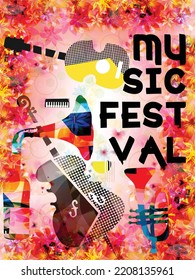 Musical poster with musical instruments on floral background in pink colors. Invitation design for live concert events. Music festivals and shows banner. Party flyer. Vector illustration	 - Shutterstock ID 2208135961