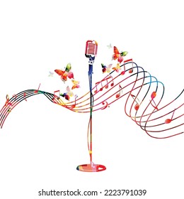 Musical poster with microphone and musical notes staff on white background in pink color. Vector illustration. Live concert events, music festivals and shows background, karaoke party flyer	