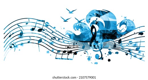 Musical poster with musical notes, waves and gulls isolated vector illustration. Inspirational music, composing, creating music. Design for live concert events, music festivals, shows, party flyers